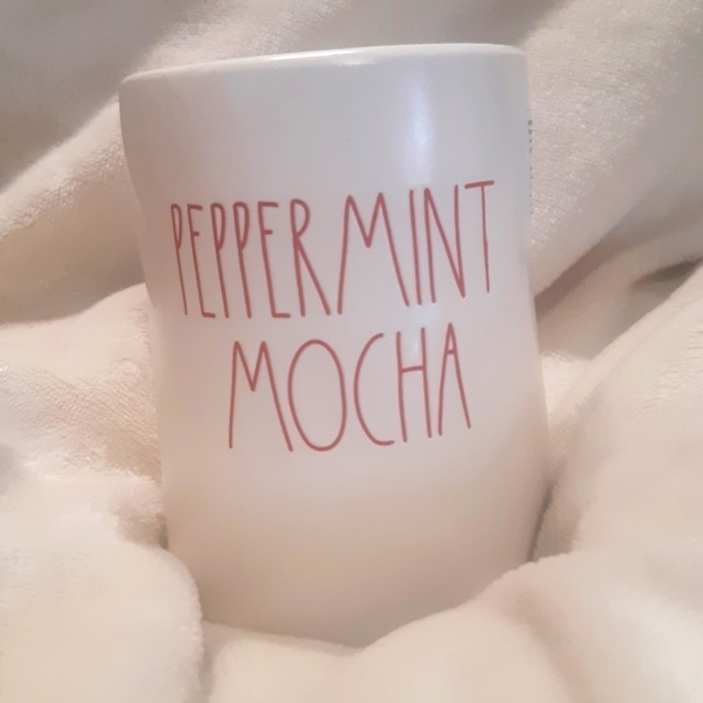 NWT Rae Dunn candle white red "peppermint mocha" writing, same scent.